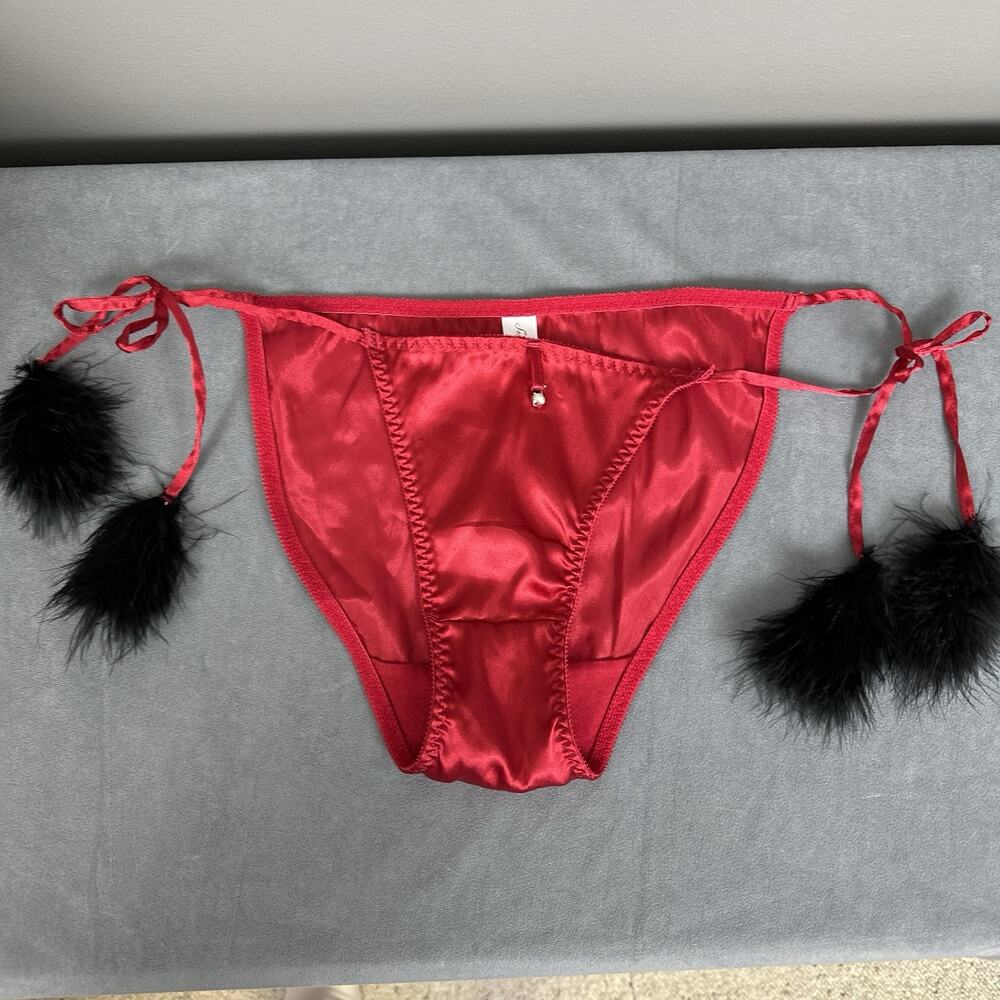 Vintage Secret Treasures Red Satin String Bikini Panties Size 5 Side Tie Feather